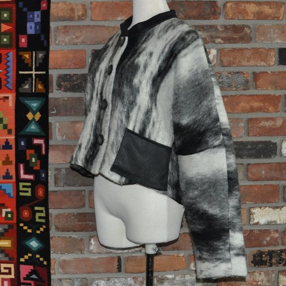 Caty Lesca Paris Black & White Marble Look Boiled Wool Blend Cropped Jacket Coat - Picture 4 of 6